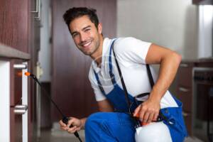 Professional pest control technician treating a kitchen area for pavement ants