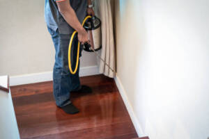 Pest control professional treating for ants in a home
